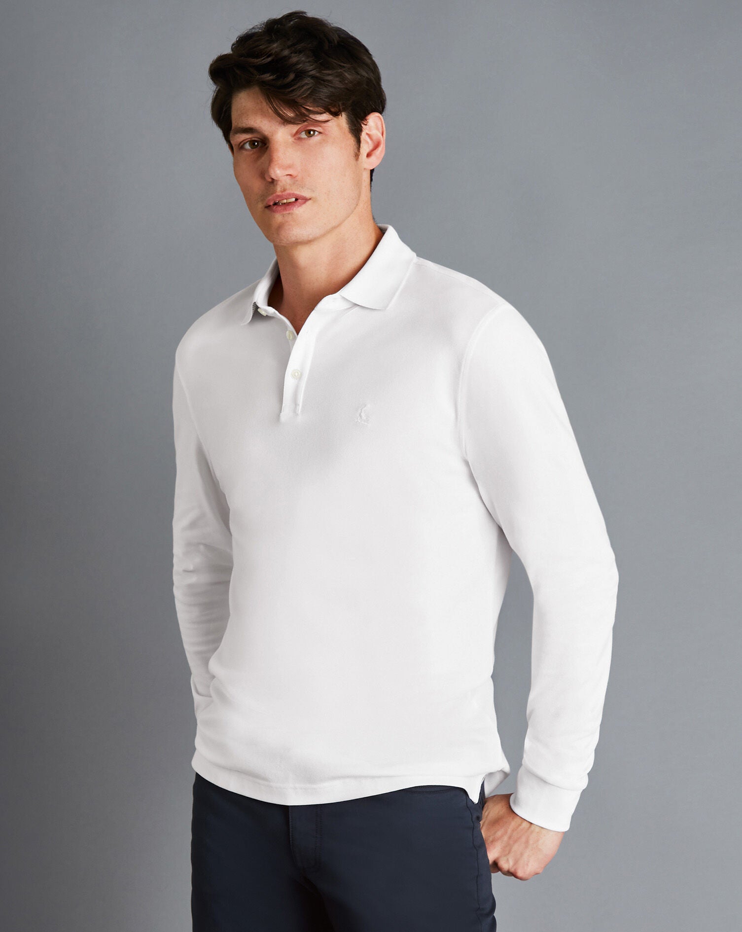 White Solid Long Sleeve Plain Cotton Tyrwhitt Pique Polo – Charles