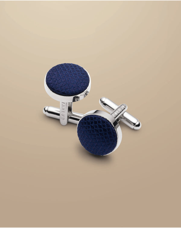 Navy Plain Round Silk Cufflink