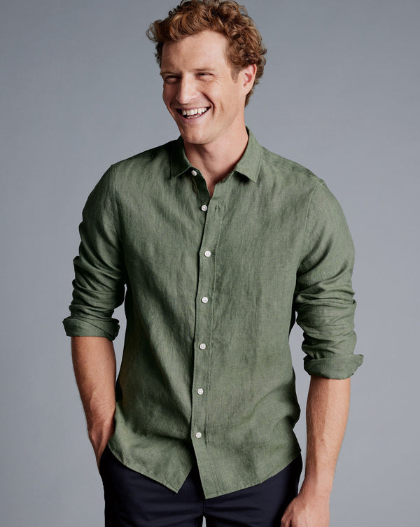 Olive Green Plain Slim Fit Pure Linen Shirt