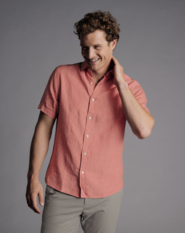 Salmon Pink Plain Slim Fit Short Sleeve Pure Linen Shirt