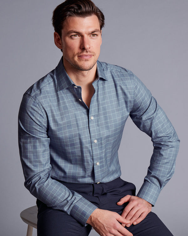 Steel Blue Egyptian Cotton Twill Prince Of Wales Slim Fit Shirt