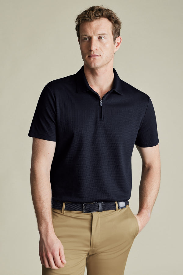 Navy Short Sleeve Textured Zip Performance Polo