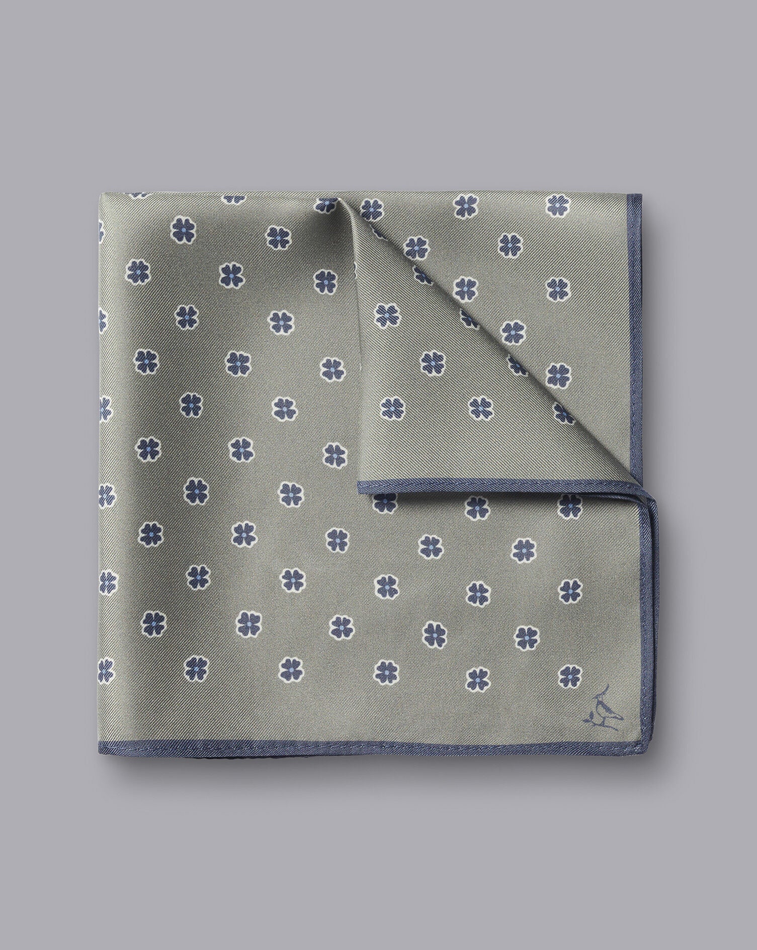 Olive Green And Indigo Blue Floral Geo Silk Pocket Square Charles
