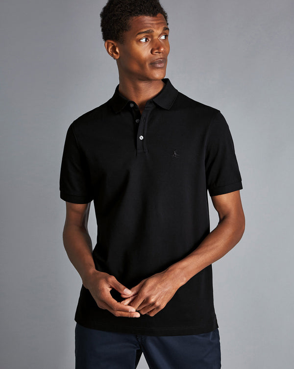 Black Solid Short Sleeve Cotton Tyrwhitt Pique Polo