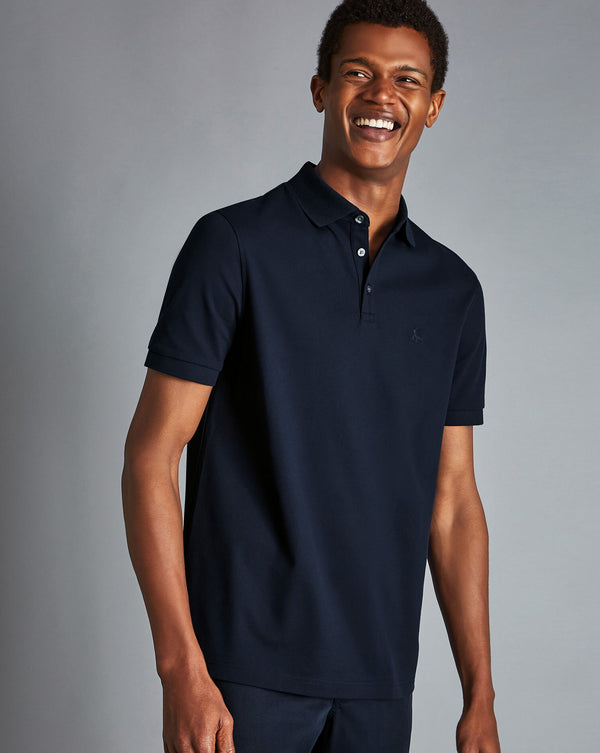 Navy Blue Solid Short Sleeve Cotton Tyrwhitt Pique Polo