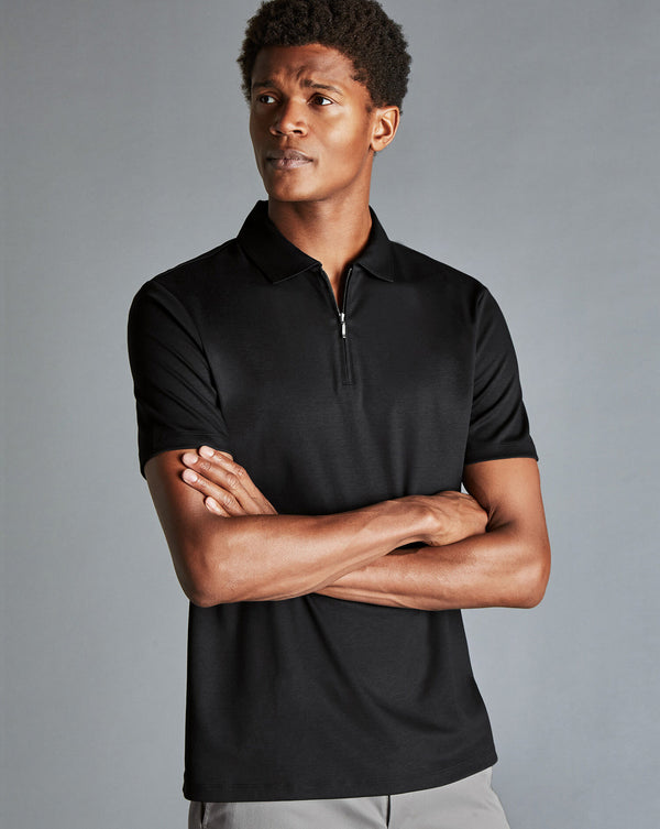 Black Plain Short Sleeve Zip Jersey Polo