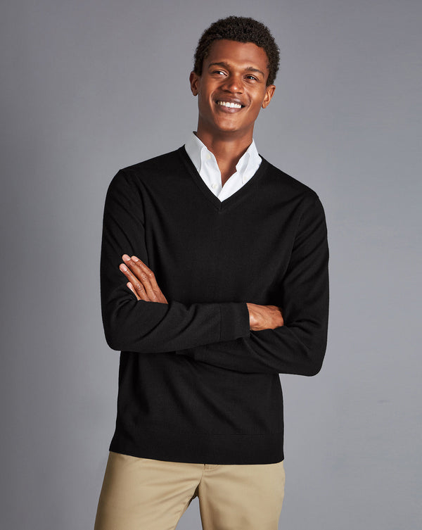 Black Pure Merino V Neck Jumper