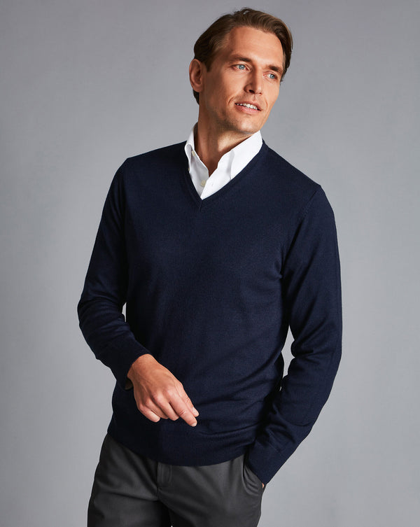 Navy Blue Pure Merino V Neck Jumper
