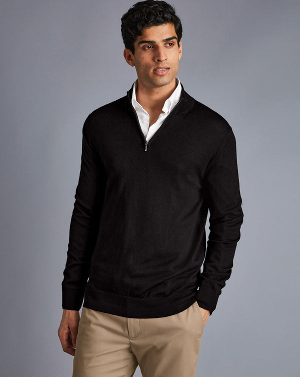 Black Pure Merino Zip Neck Jumper