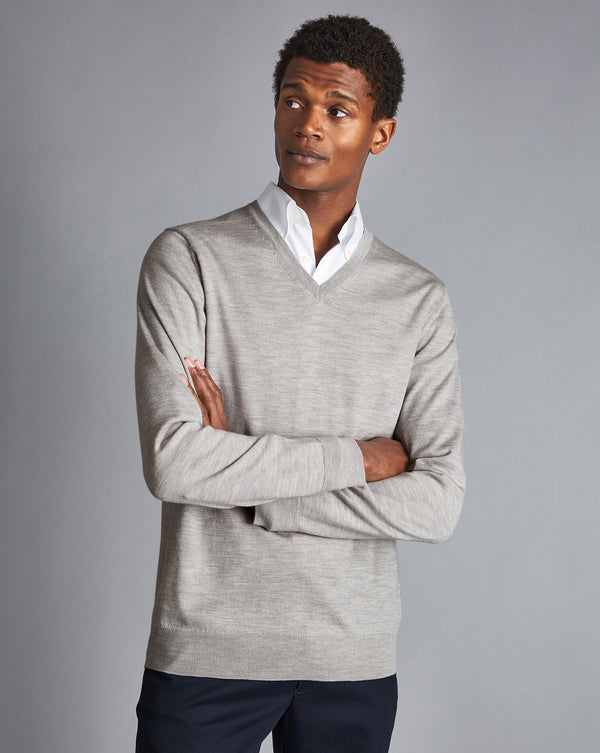 Silver Grey Pure Merino V Neck Jumper