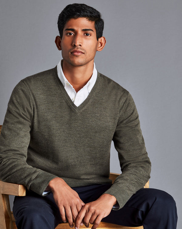 Olive Green Melange Pure Merino V Neck Jumper