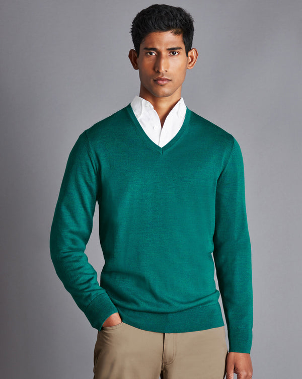 Teal Green Pure Merino V Neck Jumper